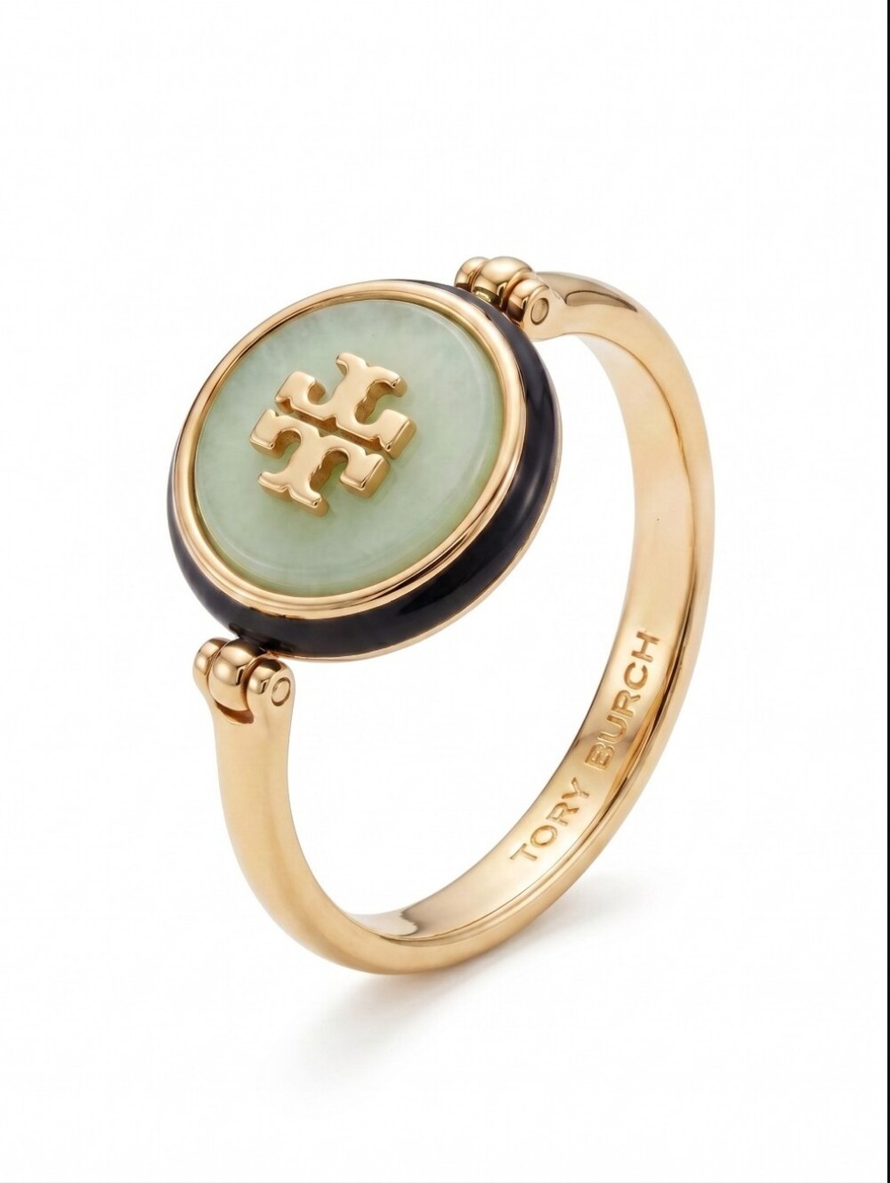 Tory Burch Kia Semiprecious Rotational Gold Ring with Light Green Logo Center - Picture 4 of 4